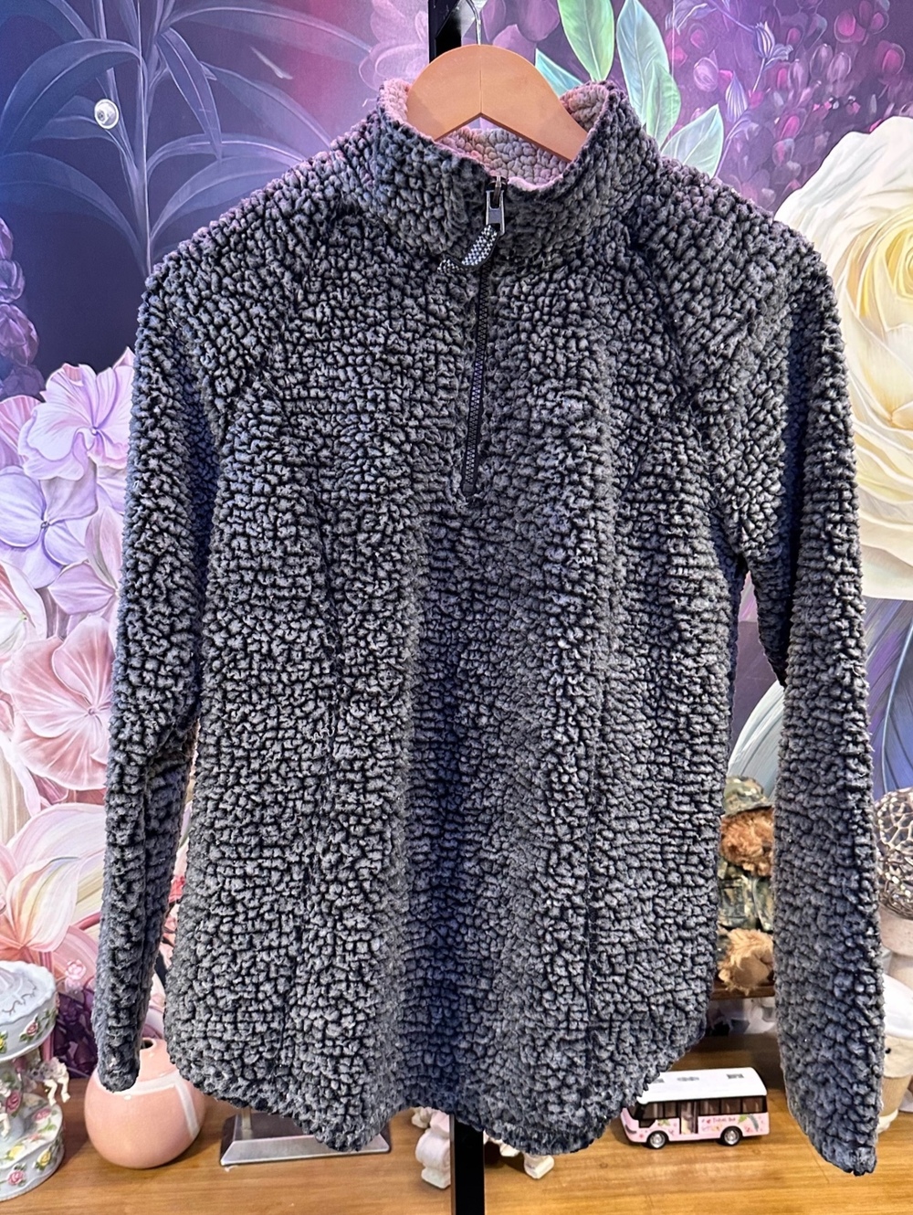 Cozy Sherpa Medium Women's Sweater Charcoal Gray Plush Quarter-Zip High Collar - Picture 2 of 6